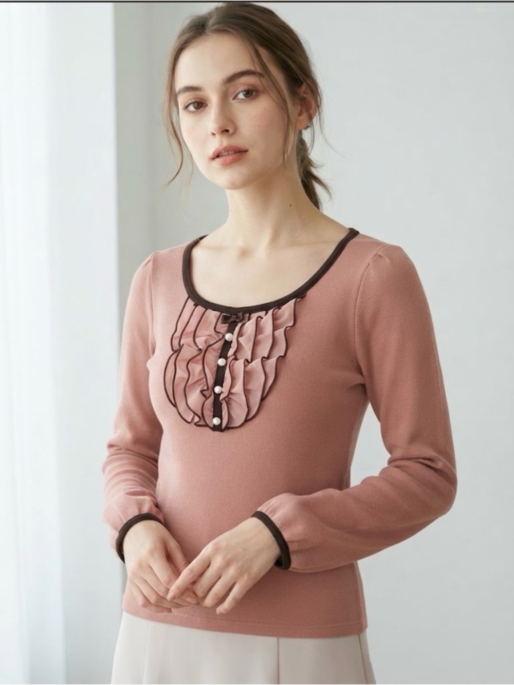 Trudea Dusty Rose Knit Top with Ruffle & Pearl Details – Size M